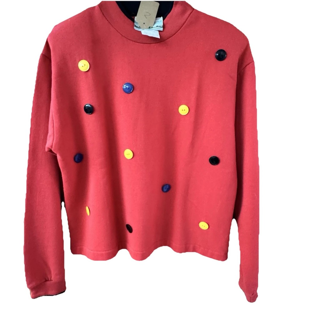 Vintage 90's Funky Red Pullover Sweater With Accent Buttons Medium Art To Wear